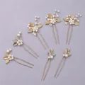 Bridal hairpins set with gold leaves and white pearls for wedding accessories - Casual Luxury Hair Sticks, 7-Pack HS-J7074G
