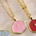 Detailed view of hexagonal cross necklaces featuring colorful enamel drip oil pendants - Pink (Gold)