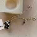Silver and black bead cluster pendant necklace on a minimalist long sweater chain - Black & Silver Bead Cluster Style
