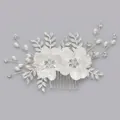 Elegant bridal hair comb featuring white flowers, sparkling rhinestones, and delicate pearls. - Handmade Floral Wedding Hair Comb (HS-J7090S) / Silver