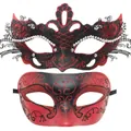 Set of two high-end red and black masquerade masks with intricate butterfly metal lace detail - Couples Red