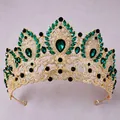 Luxurious gold crown tiara featuring emerald green gems for weddings and beauty pageants. - Bridal Crown with Green Rhinestones TS-J3425GGREEN