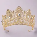 Elegant luxury gold tiara encrusted with brilliant rhinestones for wedding pageants and bridal hair - Bridal Crown with Gold Rhinestones TS-J3425G