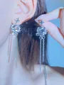 Elegant silver long tassel chain earrings featuring heart and star motifs in cool blue light - White Heart Long Tassel Earring Style (Pair) (DZ-846) / Silver