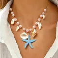 Collana da spiaggia bohémien con ciondoli a stella marina, conchiglia e perle rosa - Collana Stella Marina Conchiglia Blu Chiaro (6555)