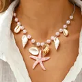 Collana stile bohémien con ciondoli a stella marina rosa, conchiglie e perle finte - Collana Grande Pendente Stella Marina Rosa (7833)