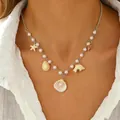 Collana da spiaggia bohémien con ciondoli a stella marina e perle finte per donna - Collana Delfino Elementi Oceanici Argento (K-101)