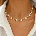 Collana stile bohémien con stelle marine bianche e perle sintetiche per la spiaggia - Collana di Perle Stella Marina 3D (6370)