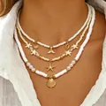 Collana di perline bohémien a strati con ciondoli a forma di stella marina e conchiglia - Collana Multistrato Elementi Biologici Marini (A-1127)