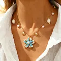 Collana da spiaggia boho dorata con stella marina blu conchiglia e ciondoli di perle - Collana di Perle Artificiali Stella Marina Celeste (4143)
