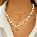 Collana dorata bohémien a strati con ciondoli a stella marina e conchiglie per spiaggia - Collana Multistrato a Tre Strati Vacanza Oceano (DZ-933)