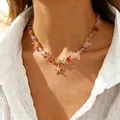 Collana bohémien con perline di pietra colorate e ciondolo a stella marina dorata da mare - Collana di Pietre Colorate Stella Marina Dorata (DZ-148)