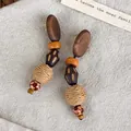 Vintage handmade wooden and woven straw geometric drop earrings in warm earthy tones - Earth Tone Splicing Style (28420B)