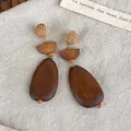 Retro bohemian wooden woven geometric drop earrings with brown teardrop wood pendants - Teardrop Wood Woven Style (28420C)