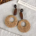 Handmade retro wooden woven geometric drop earrings with natural ethnic boho style - Straw Woven Ring Geometric (28420G)