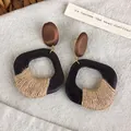 Vintage brown wooden geometric earrings with hemp rope wrap detail in ethnic style - Hemp Rope Square Geometric (28420H)