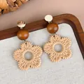 Vintage wooden woven flower drop earrings in beige and brown tones for elegant autumn look - Bead Flower Style (28396A)