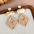 Vintage woven geometric drop earrings with marble resin detail for autumn style - Toffee Rhombus Woven Style (28396B)