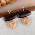 Bohemian vintage brown wooden and tan woven heart-shaped drop earrings for women - Bean Heart Style (28396C)