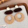Vintage wooden woven circular drop earrings with brown pebble and marbled bead detail - Bean Double Ring Style (28396D)