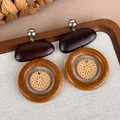 Vintage wooden woven geometric drop earrings with ethnic style for autumn and winter - Bean Wreath Style (28396E)