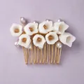 Elegant bridal floral hair comb with white lilies and purple pearls on gold wire - Versatile Wedding Dress Hair Comb HS-J6593G