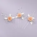 Elegant peach rose bridal hair pin set with white leaves and crystal accents for weddings - Bridesmaid Hair Pin HS-J6995SPINK