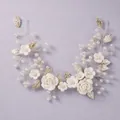 Handmade bridal hair vine featuring white clay flowers pearls and gold metallic leaves - Evening Banquet Timeless Headband HS-J7369S