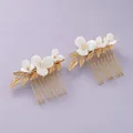 Elegant bridal hair comb set with white resin flowers and golden leaves for weddings and events - Dinner Party Hair Comb HS-J6707G
