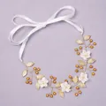 Gold finish floral bridal hairband with white ribbon tie for elegant wedding styling - Wedding Travel Photoshoot Headband HS-J6564G