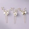 Set of 3 gold bridal hair pins with white flowers, pearls, and crystals - Travel Photography Hair Pin HS-J6649G