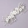 Elegant white floral bridal hair comb with silver leaves and pearls - Elegant Graceful Hair Comb HS-J6746S