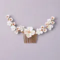 Nature-inspired bridal hair comb featuring white handmade flowers and pink beads on gold - Minimalist Timeless Hair Comb HS-J6682G