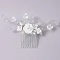 Elegant bridal hair comb with white porcelain roses and crystal beads on silver wire. - Forest Style Elegant Hair Comb HS-J7236S