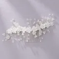 Elegant bridal hair comb with handmade white flowers, pearls, and crystals in silver finish - Flowery and Leafy Elegant Hair Comb HS-J6957S