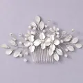 Silver bridal hair comb featuring delicate metal flowers, leaves, pearls and rhinestones - Elegant Luxurious Hair Comb HS-J6796G