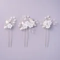 Elegant set of 3 bridal hair pins with white flowers, pearls, and silver leaves. - Wedding Dress Hair Pin HS-J7021S