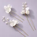 Elegant bridal white floral hairpin set with gold U-shaped metal pins for wedding - Bridal Styling Hair Pin HS-J7086G