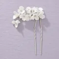 Elegant white floral bridal hair pin with silver wavy prongs for wedding styling - Daily Embellishment Hair Pin HS-J6680S