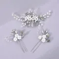 Elegant bridal hair comb and pins set with white flowers, pearls and silver leaves - Stunning Photoshoot Hair Stick ZUHE-363