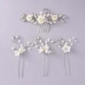 4-piece bridal hair accessory set with white flowers, pearls and crystals on silver pins - Commute Versatile Hair Stick ZUHE-194S
