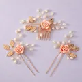 Handmade elegant bridal hair comb and pin set with peach roses, gold leaves and white pearls - Versatile Daily Hair Stick Pink HS-J7083GPINK