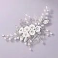 Elegant bridal hair comb featuring white ceramic flowers, pearls and crystals décor - Exquisite and Durable Hair Comb HS-J7188S (Recommended)