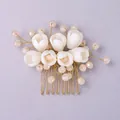 Bridal hair comb featuring white resin flowers and pink crystal beads in gold finish - Versatile Daily Hair Comb HS-J6845G