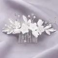 Elegant bridal hair comb with white ceramic flowers, pearls, and crystals on silver wire - Daily Commute Hair Comb HS-J7358S