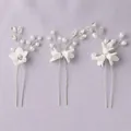 Elegant set of 3 white floral bridal hair pins featuring delicate pearls and crystals - Bridal Travel Photography Hair Pin HS-J6649S