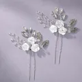Elegant bridal hair pin set with white flowers and crystals in silver finish - Versatile Party Hair Pin HS-J7294S