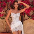 Robe courte bustier élégante en dentelle avec corset à armatures pour soirées et fêtes - Blanc