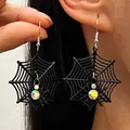 Close-up of black spiderweb earrings with iridescent rhinestones for a Halloween party. - Spider Web Rhinestone Spider Style (1806) / Black