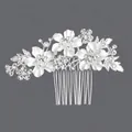 Peigne à cheveux de mariée en argent avec fleurs en strass et pétales en émail. - Argent (HS-J2720S)